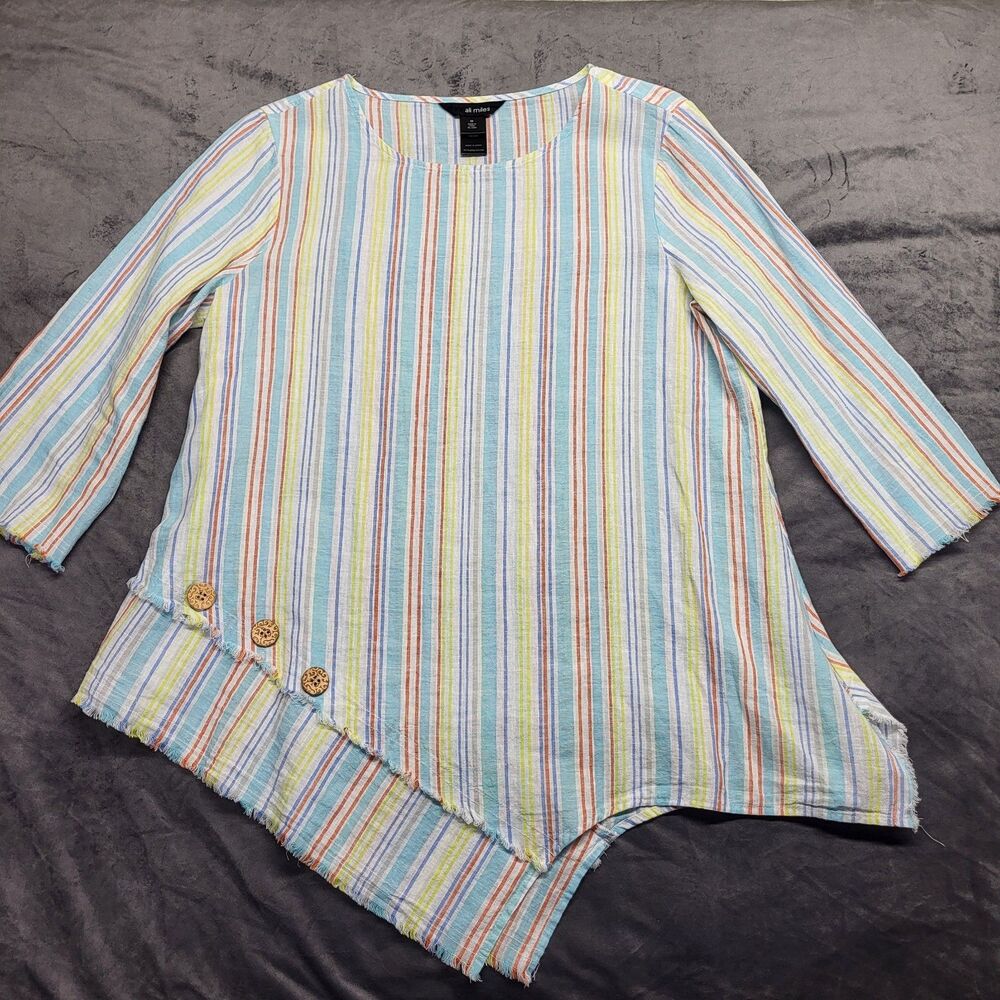 Womens Ali Miles Linen Blend Asymmetrical Stripe Button Tunic Top Pastel Medium